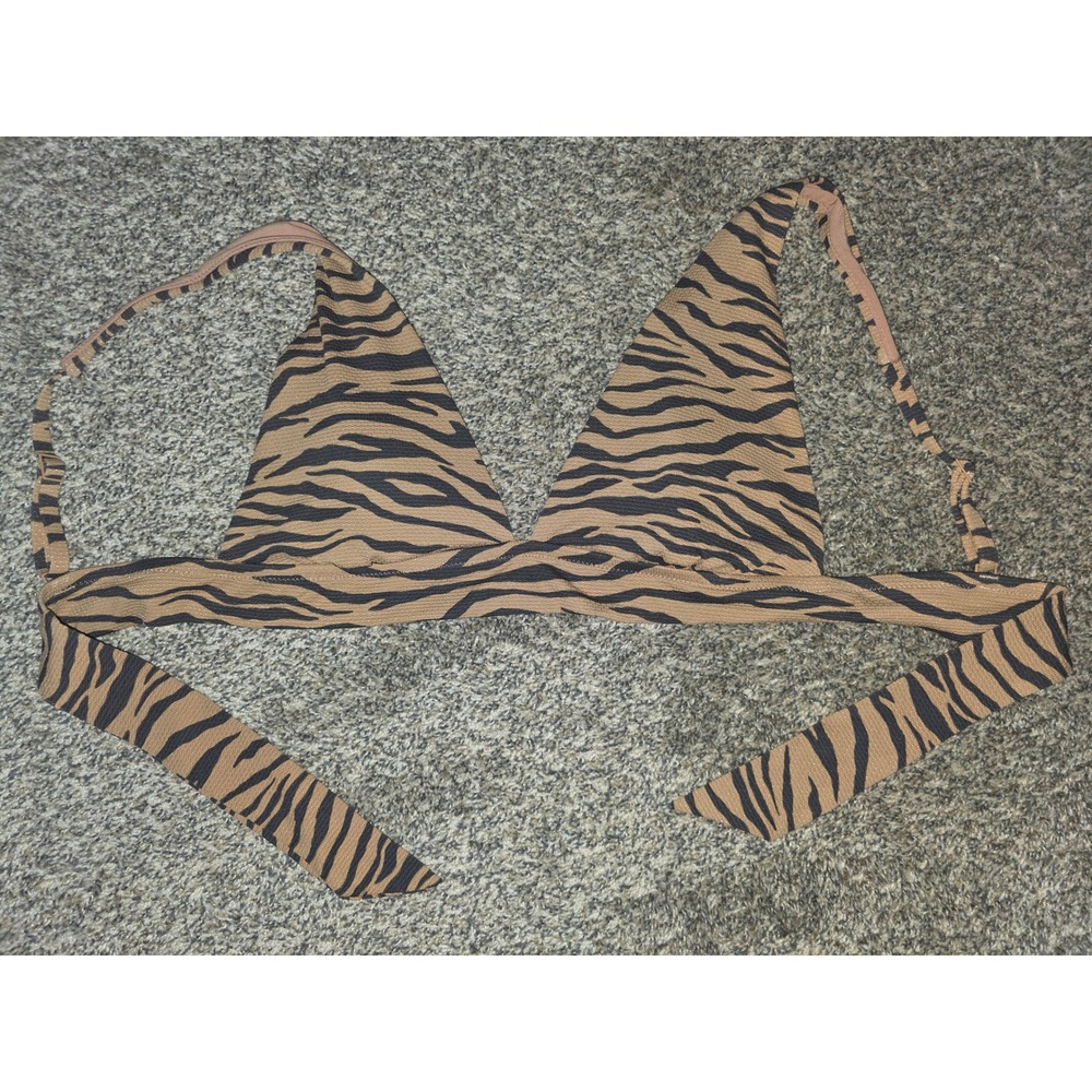 Aerie Tiger Print Triangle Bikini Top Brown Black Textured Waffle Swim Large